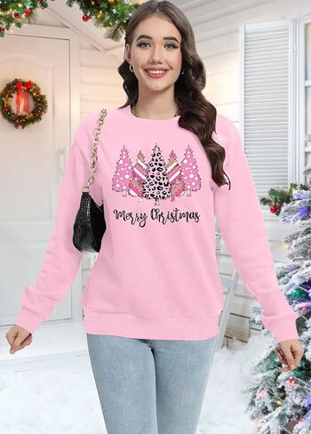 Christmas Sweatshirt for Women Merry Christmas Shirt Xmas Tree Long Sleeve Vacation Pullover Christian Tops Beige in Saudi Arabia