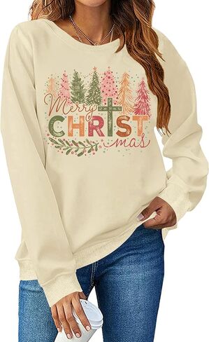 Christmas Sweatshirt for Women Merry Christmas Shirt Xmas Tree Long Sleeve Vacation Pullover Christian Tops Beige in Saudi Arabia