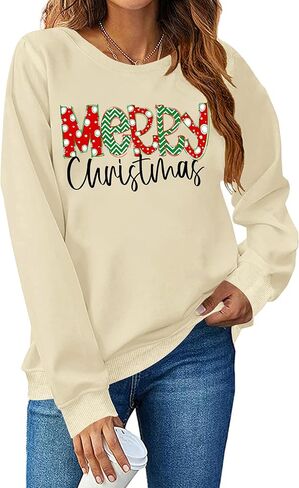 Christmas Sweatshirt for Women Merry Christmas Shirt Xmas Tree Long Sleeve Vacation Pullover Christian Tops Beige in Saudi Arabia