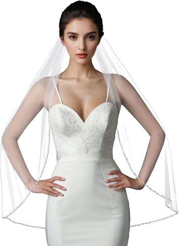 Wedding Veil Pearl and Crystal Beaded Edge Bridal Veil 1Tier Fingertip Length Bride Accessories in Saudi Arabia