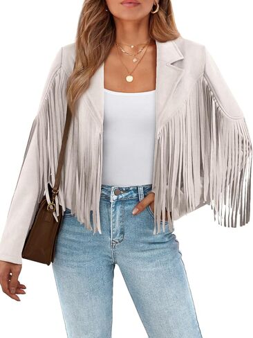 LILLUSORY Womens Cropped Fringe Faux Suede Leather Fall Jackets Western Cowgirl Country Concert Outfits in Saudi Arabia