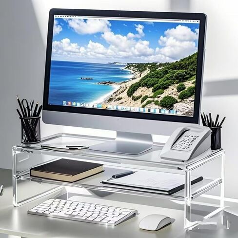 Acrylic Monitor Stand, 2 Tier Computer Monitor Stand Riser，16/20 inch Acrylic Computer Monitor Stand Riser for iMac, PC, Desktop, Laptop, TV Screen with Extra Storage Space Home Office (20in) in Kuwait