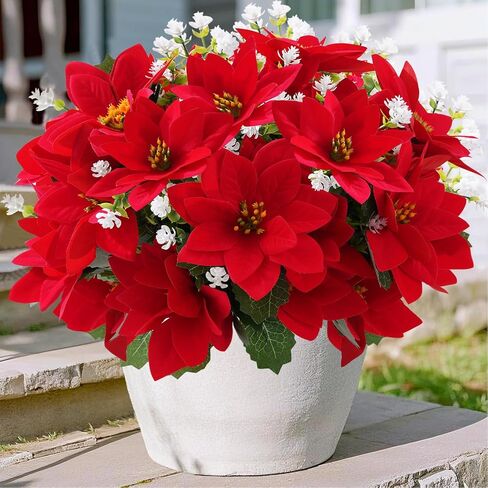 14'' Artificial Poinsettias Flowers for Outdoor,12 Bunches Mixed Fake Red Flowers Faux Eucalyptus Plants UV-Resistant for Home Garden Porch Christmas Winter Spring Outdoor Indoor Decor in Saudi Arabia
