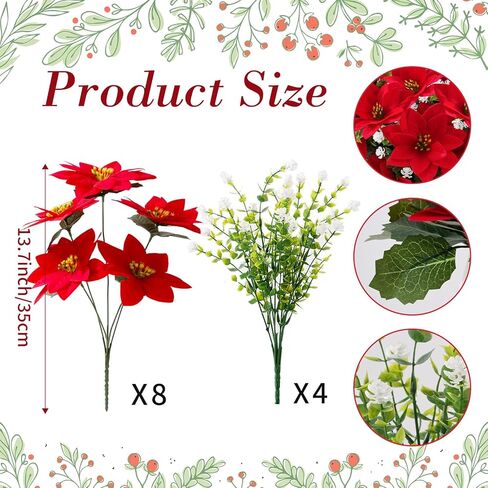 14'' Artificial Poinsettias Flowers for Outdoor,12 Bunches Mixed Fake Red Flowers Faux Eucalyptus Plants UV-Resistant for Home Garden Porch Christmas Winter Spring Outdoor Indoor Decor in Saudi Arabia