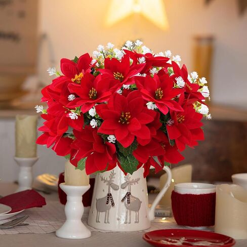 14'' Artificial Poinsettias Flowers for Outdoor,12 Bunches Mixed Fake Red Flowers Faux Eucalyptus Plants UV-Resistant for Home Garden Porch Christmas Winter Spring Outdoor Indoor Decor in Saudi Arabia