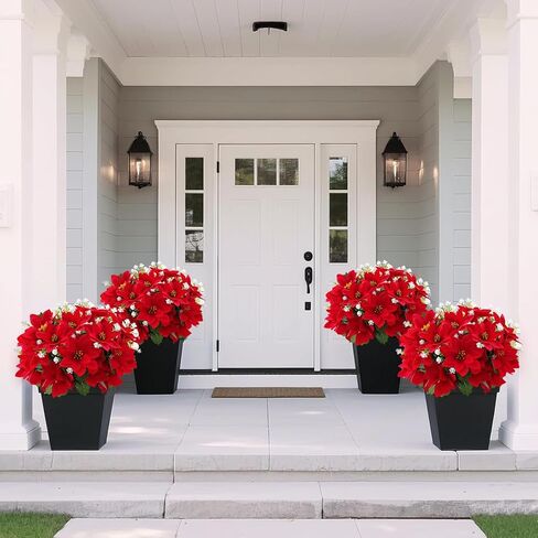 14'' Artificial Poinsettias Flowers for Outdoor,12 Bunches Mixed Fake Red Flowers Faux Eucalyptus Plants UV-Resistant for Home Garden Porch Christmas Winter Spring Outdoor Indoor Decor in Saudi Arabia