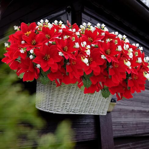 14'' Artificial Poinsettias Flowers for Outdoor,12 Bunches Mixed Fake Red Flowers Faux Eucalyptus Plants UV-Resistant for Home Garden Porch Christmas Winter Spring Outdoor Indoor Decor in Saudi Arabia