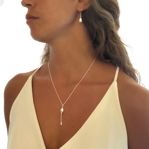 Annika Bella Pearl Lariat Necklace, Elegant 925 Silver Necklaces, Women's Jewelry, Wedding Accessories for Brides, Bridesmaid Gifts, Gift for Her in Kuwait
