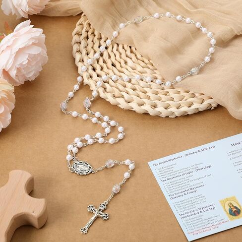 Tondiamo 36 Set Virgen De Guadalupe Pearl Rosary Catholic White Rosary First Communion Favors Our Lady of Guadalupe Rosarios Necklace with Cross Pendant Pearls Catholic Baptism Recuerdos Gifts in Saudi Arabia