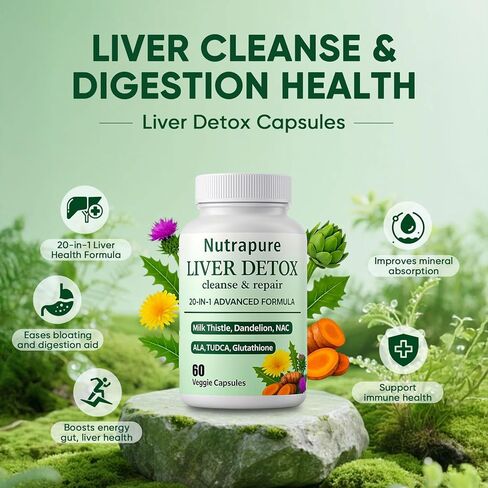 كبسولات نوترابيور للتخلص من سموم الكبد، 20 في 1 مكمل للتخلص من سموم الكبد من نبات الشوك الحليب، مع جذر الهندباء والكركم وأوراق الخرشوف والمزيد، غير معدل وراثيًا، 60 كبسولة نباتية (1) in Kuwait