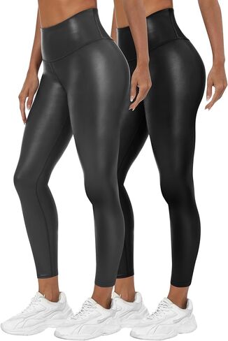 Huukeay 2 Pack Women's Faux Leather Leggings High Waist Stretch Matte Yoga Pants Athletic Dressy Pleather Soft Tights in Saudi Arabia