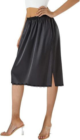 Women Satin Half Slip Underskirt Solid Lace Trim Elastic Waist Inner Lining Short/Long Underskirt Long Skirts in Saudi Arabia