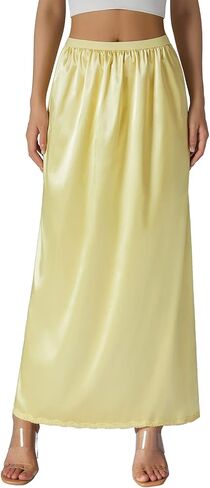 Women Satin Half Slip Underskirt Solid Lace Trim Elastic Waist Inner Lining Short/Long Underskirt Long Skirts in Saudi Arabia