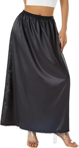 Women Satin Half Slip Underskirt Solid Lace Trim Elastic Waist Inner Lining Short/Long Underskirt Long Skirts in Saudi Arabia
