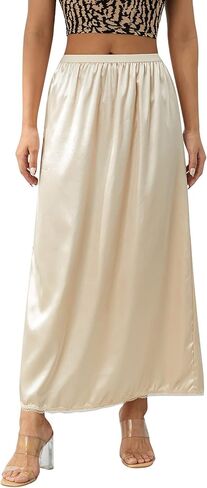 Women Satin Half Slip Underskirt Solid Lace Trim Elastic Waist Inner Lining Short/Long Underskirt Long Skirts in Saudi Arabia