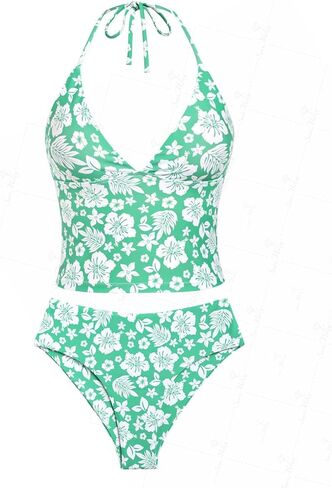 Floral & Lemon Print Tankinis - Women’s Tankini Swimsuits with Leaves Design & Gingham Trim in Saudi Arabia