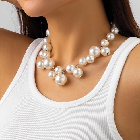 Chunky Pearls Statement Choker Necklace for Women 14K Gold Large Beaded Punk Ball Cluster Collar Necklace Party Dainty Jewelry Gift in Saudi Arabia