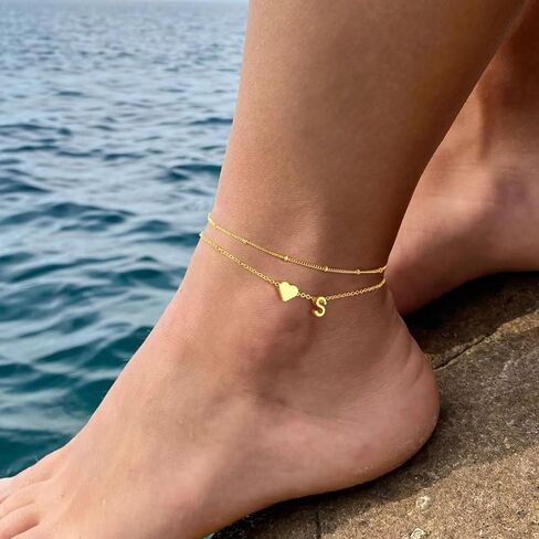 M MOOHAM Gold Initial Ankle Bracelets for Women - Layered Heart Letter A-Z Initial Dainty Gold Anklets for Women Waterproof, Womens Anklets Jewelry Birthday Gifts Jewelry in Saudi Arabia