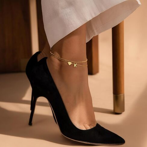 M MOOHAM Gold Initial Ankle Bracelets for Women - Layered Heart Letter A-Z Initial Dainty Gold Anklets for Women Waterproof, Womens Anklets Jewelry Birthday Gifts Jewelry in Saudi Arabia