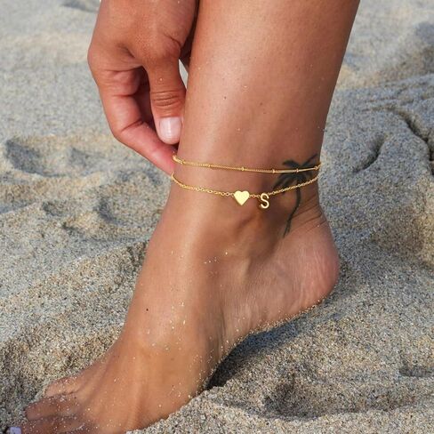M MOOHAM Gold Initial Ankle Bracelets for Women - Layered Heart Letter A-Z Initial Dainty Gold Anklets for Women Waterproof, Womens Anklets Jewelry Birthday Gifts Jewelry in Saudi Arabia