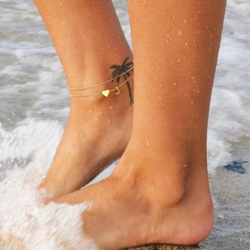 M MOOHAM Gold Initial Ankle Bracelets for Women - Layered Heart Letter A-Z Initial Dainty Gold Anklets for Women Waterproof, Womens Anklets Jewelry Birthday Gifts Jewelry in Saudi Arabia
