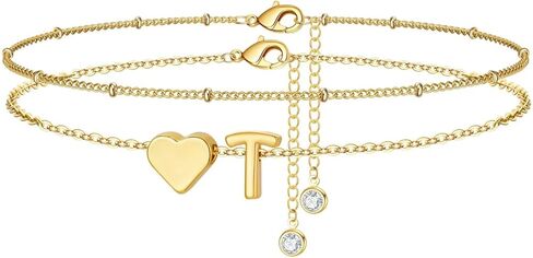 M MOOHAM Gold Initial Ankle Bracelets for Women - Layered Heart Letter A-Z Initial Dainty Gold Anklets for Women Waterproof, Womens Anklets Jewelry Birthday Gifts Jewelry in Saudi Arabia