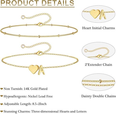 M MOOHAM Gold Initial Ankle Bracelets for Women - Layered Heart Letter A-Z Initial Dainty Gold Anklets for Women Waterproof, Womens Anklets Jewelry Birthday Gifts Jewelry in Saudi Arabia