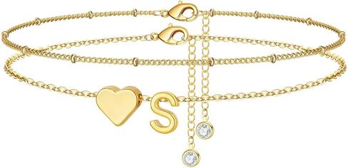 M MOOHAM Gold Initial Ankle Bracelets for Women - Layered Heart Letter A-Z Initial Dainty Gold Anklets for Women Waterproof, Womens Anklets Jewelry Birthday Gifts Jewelry in Saudi Arabia