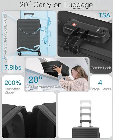 Carry On Luggage Airline Approved 20 Inch Hardside Suitcase with Spinner Wheels, Lightweight PC Rolling Luggage with TSA Lock & USB Charging Port for Travel in Saudi Arabia