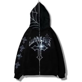 Rhinestone Hoodie Men Women Letter Graphic Gothic Hoodie Print Sweatshirt Full Zip Up Oversized Jacket in Saudi Arabia