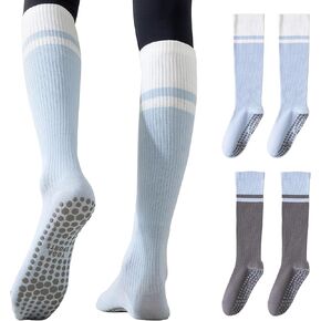 Non-Slip Yoga Socks, Compression Socks,Knee High Cotton Blend, 2 pairs pack Blue-Gray, One Size, Silicone Grip Bottom in Saudi Arabia