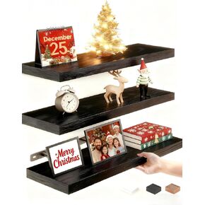 Vervida® Floating Shelves for Wall, 15" Rustic Wood Deep Wall Mounted Shelves with Invisible Brackets for Decor & Storage, Floating Shelf for Living Room, Bathroom (Black, Set of 3) in Saudi Arabia