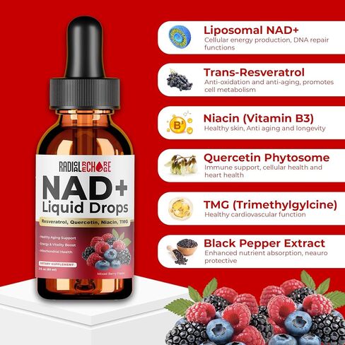NAD+ Liquid Drops – with Resveratrol, Quercetin, Niacin & TMG – 10-in-1 Nutrient Support Formula for Cellular Energy & Wellness – Mixed Berry Flavor – 2 fl oz in Saudi Arabia