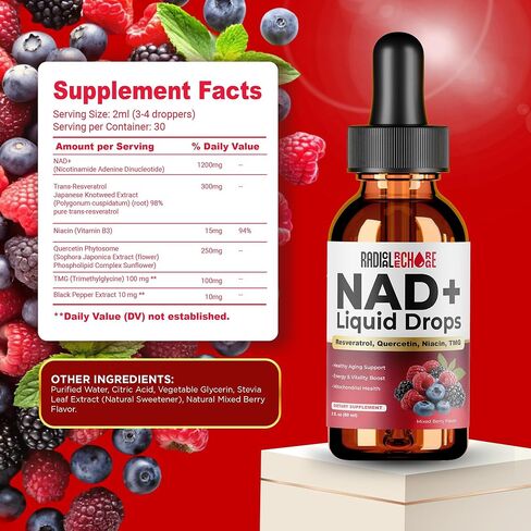 NAD+ Liquid Drops – with Resveratrol, Quercetin, Niacin & TMG – 10-in-1 Nutrient Support Formula for Cellular Energy & Wellness – Mixed Berry Flavor – 2 fl oz in Saudi Arabia