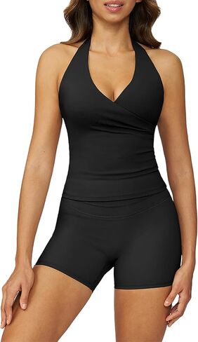 ABOCIW Workout Sets for Women 2 Piece Wrap Halter Tank Top High Waist Biker Shorts Yoga Pilates Outfits in Saudi Arabia