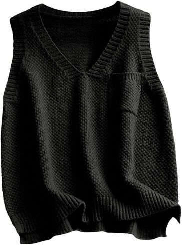 OYOANGLE Women's Sweater Vest V Neck Chest Pocket Side Slit Sleeveless Sweater Tops in Saudi Arabia