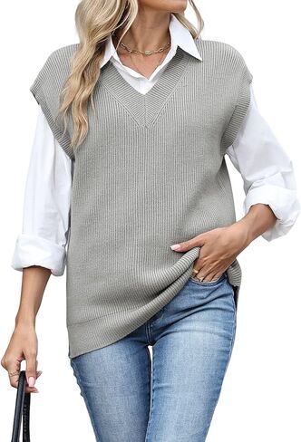 ZAFUL Womens V Neck Sweater Vest Cap Sleeve Oversized Ribbed Cable Knit Casual Loose Tank Top Pullover in Saudi Arabia