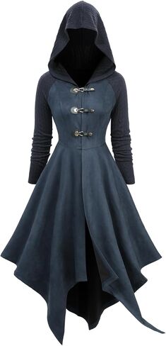 DRESSFO أزياء الهالوين القوطية الشرير مصاص الدماء الساحرة مع إبزيم غير متماثل بقلنسوة in Saudi Arabia
