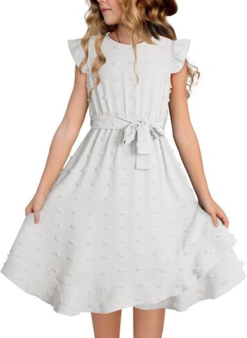 blibean Tween Girls Short Sleeve Dresses Swiss Dot Belt Dress Size 6-15 Years in Saudi Arabia