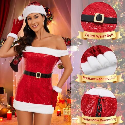LEACOOLKEY Sexy Santa Claus Costume Dress Outfits for Women Off-Shoulder Christmas Dress with Belt Hat Gloves in Saudi Arabia