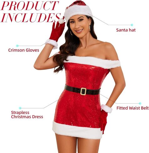 LEACOOLKEY Sexy Santa Claus Costume Dress Outfits for Women Off-Shoulder Christmas Dress with Belt Hat Gloves in Saudi Arabia