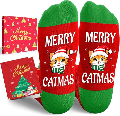 HAPPYPOP Christmas Gifts Stocking Socks for Cat Lovers - Christmas Socks for Teens Red Cat Mom Cat Dad Socks with Greeting Card in Saudi Arabia