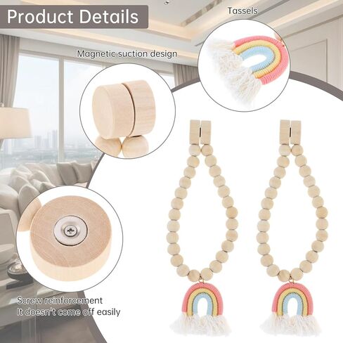 Magnetic Wooden Bead Curtain Tiebacks, 2PCS Boho Rainbow Tassel Curtain Tie Backs, Handmade Drapery Tiebacks for Living Bedroom Window Treatment Wall Decoration (2, Pink) in Saudi Arabia