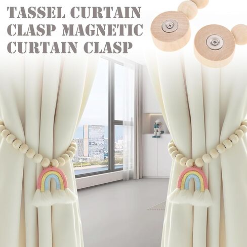 Magnetic Wooden Bead Curtain Tiebacks, 2PCS Boho Rainbow Tassel Curtain Tie Backs, Handmade Drapery Tiebacks for Living Bedroom Window Treatment Wall Decoration (2, Pink) in Saudi Arabia