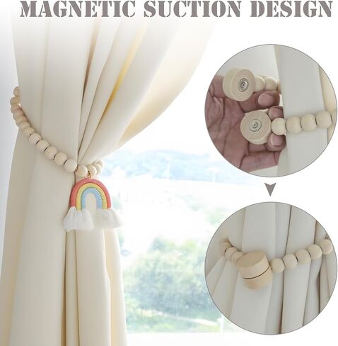 Magnetic Wooden Bead Curtain Tiebacks, 2PCS Boho Rainbow Tassel Curtain Tie Backs, Handmade Drapery Tiebacks for Living Bedroom Window Treatment Wall Decoration (2, Pink) in Saudi Arabia