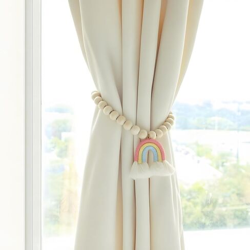Magnetic Wooden Bead Curtain Tiebacks, 2PCS Boho Rainbow Tassel Curtain Tie Backs, Handmade Drapery Tiebacks for Living Bedroom Window Treatment Wall Decoration (2, Pink) in Saudi Arabia