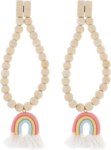 Magnetic Wooden Bead Curtain Tiebacks, 2PCS Boho Rainbow Tassel Curtain Tie Backs, Handmade Drapery Tiebacks for Living Bedroom Window Treatment Wall Decoration (2, Pink) in Saudi Arabia