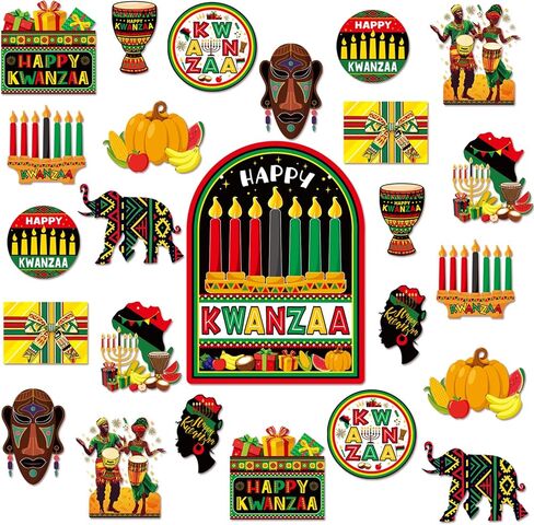 25 قطعة من زخارف Kwanzaa المعلقة وديكورات الحائط Happy Kwanzaa مجموعة زخارف لوحة الإعلانات Kwanzaa من أجل زخارف Kwanzaa السعيدة الأمريكية الأفريقية والمكتب والفصول الدراسية in Kuwait