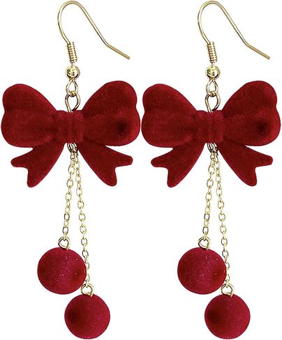 Bow Earrings for Women, Christmas Festive Bowknot Red Snowball Dangle Fish Hook Dangling Hypoallergenic Christmas Earrings Festival Party Jewelry Gifts for Women in Saudi Arabia