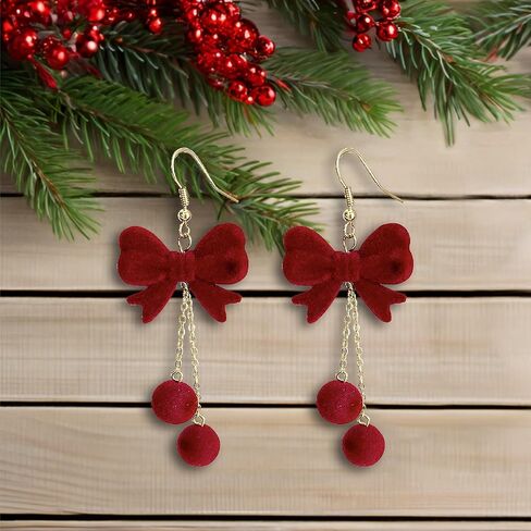 Bow Earrings for Women, Christmas Festive Bowknot Red Snowball Dangle Fish Hook Dangling Hypoallergenic Christmas Earrings Festival Party Jewelry Gifts for Women in Saudi Arabia